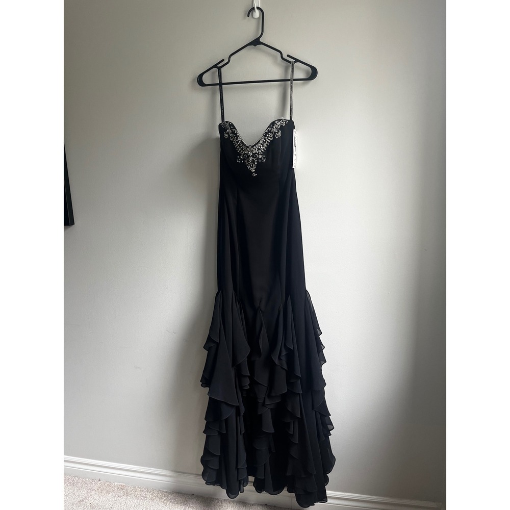 Alfred Angelo Sapphire Black Chiffon Beaded Ruffle Mermaid Evening Gown Size 4 - Picture 2 of 16